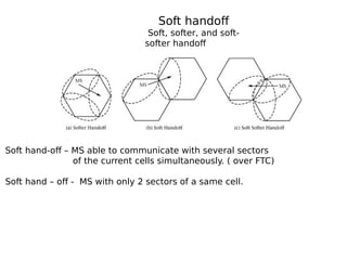 Soft handoff
Soft, softer, and soft-
softer handoff
. Soft hand-off – MS able to communicate with several sectors
of the current cells simultaneously. ( over FTC)
. Soft hand – off - MS with only 2 sectors of a same cell.
 