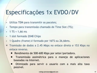 Especificações 1x EVDO/DV Utiliza TDM para transmitir os pacotes; Tempo para transmissão chamado de Time Slot (TS); 1 TS = 1,66 ms 1 slot formado 2048 Chips 1 Quadro (frame) é formado por 16TS ou 26,66ms. Tramissão de dados a 2.45 Mbps no enlace direto e 153 Kbps no enlace reverso. Rendimento de 500-600 Kbps por setor/portadora. Transmissão assimétrica para o manejo de aplicaciones baseadas na Internet. Otimizado para servir o usuario com a mais alta taxa possivel. 