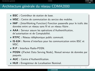 Introduction g´en´erale CDMA CDMA 2000
Architecture g´en´erale du r´eseau CDMA2000
BSC : Contrˆoleur de station de base.
MSC : Centre de commutation du sercice des mobiles.
IWF : (InterWorking Function) Fonction passerelle pour le traﬁc des
donn´ees entre un r´eseau sans ﬁl et un r´eseau ﬁlaire .
AAA : Serveur assure les op´erations d’Authentiﬁcation,
de’autorisation et de Comptabilit´e.
RTPC : R´eseau t´el´ephonique public commut´e.
IS-634 : Norme d’interface pour les communication entre BSC et
MSC.
R-P : Interface Radio-PDSN.
PDSN :(Packet Data Serving Node), Noeud serveur de donn´ees par
paquets.
AUC : Centre d’Authentiﬁcation.
HLR : Enregistreur de Localisation Nominal.
CDMA2000
 