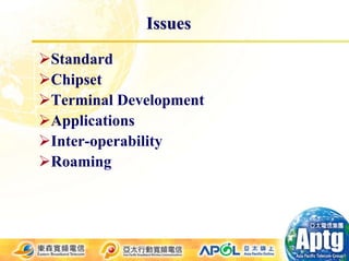 Issues

Standard
Chipset
Terminal Development
Applications
Inter-operability
Roaming
 