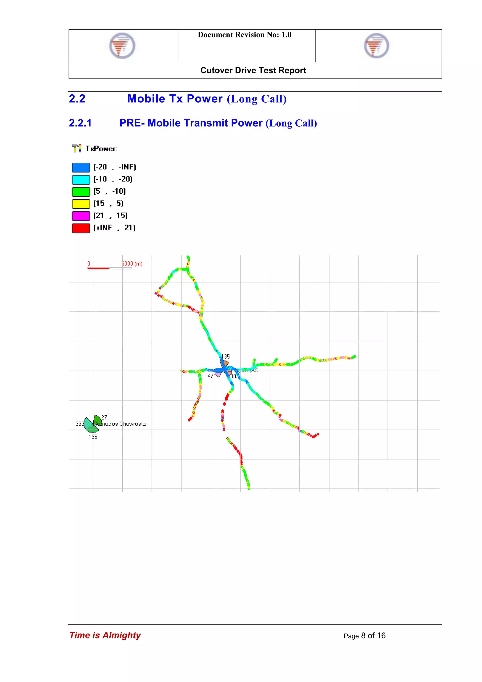 Document Revision No: 1.0
Cutover Drive Test Report
Time is Almighty Page 8 of 16
2.2 Mobile Tx Power (Long Call)
2.2.1 PRE- Mobile Transmit Power (Long Call)
 