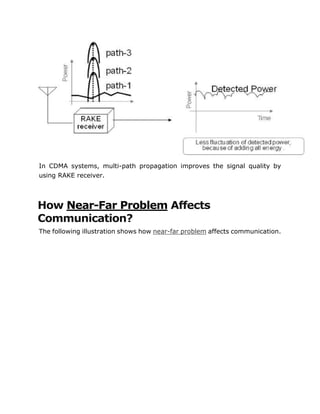 In CDMA systems, multi-path propagation improves the signal quality by
using RAKE receiver.
How Near-Far Problem Affects
Communication?
The following illustration shows how near-far problem affects communication.
 