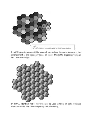 In a CDMA system against this, since all users share the same frequency, the
arrangement of the frequency is not an issue. This is the biggest advantage
of CDMA technology.
In CDMA, identical radio resource can be used among all cells, because
CDMA channels use same frequency simultaneously.
 