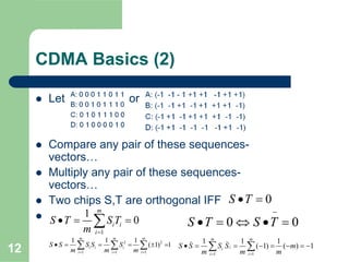 12
CDMA Basics (2)
Let or
Compare any pair of these sequences-
vectors…
Multiply any pair of these sequences-
vectors…
Two chips S,T are orthogonal IFF
0 0S T S T
−
• = ⇔ • =
0S T• =
1
1
0
m
i i
i
S T S T
m =
• = =∑
2 2
1 1 1
1 1 1
( 1) 1
m m m
i i i
i i i
S S S S S
m m m= = =
• = = = ± =∑ ∑ ∑
_ _
1 1
1 1 1
( 1) ( ) 1
m m
ii
i i
S S S S m
m m m= =
• = = − = − = −∑ ∑
 