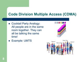 8
Code Division Multiple Access (CDMA)
Cocktail Party Analogy:
All people are in the same
room together. They can
all be talking the same
time!
Example: UMTS
 