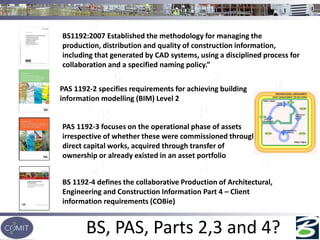 BS, PAS, Parts 2,3 and 4?
PAS 1192-2 specifies requirements for achieving building
information modelling (BIM) Level 2
PAS 1192-3 focuses on the operational phase of assets
irrespective of whether these were commissioned through
direct capital works, acquired through transfer of
ownership or already existed in an asset portfolio
BS 1192-4 defines the collaborative Production of Architectural,
Engineering and Construction Information Part 4 – Client
information requirements (COBie)
BS1192:2007 Established the methodology for managing the
production, distribution and quality of construction information,
including that generated by CAD systems, using a disciplined process for
collaboration and a specified naming policy.”
 