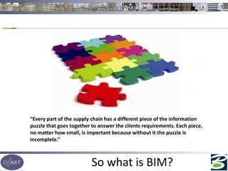 So what is BIM?
“Every part of the supply chain has a different piece of the information
puzzle that goes together to answer the clients requirements. Each piece,
no matter how small, is important because without it the puzzle is
incomplete.”
 