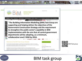 BIM task group
BIM Task group
“The Building Information Modelling (BIM) Task Group are
supporting and helping deliver the objectives of the
Government Construction Strategy and the requirement
to strengthen the public sector’s capability in BIM
implementation with the aim that all central government
departments will be adopting, as a minimum,
collaborative Level 2 BIM by 2016.
 