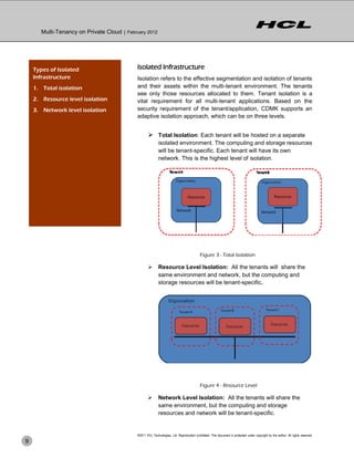 Multi-Tenancy on Private Cloud | February 2012




    Types of Isolated                        Isolated Infrastructure
    Infrastructure                           Isolation refers to the effective segmentation and isolation of tenants
    1. Total isolation                       and their assets within the multi-tenant environment. The tenants
                                             see only those resources allocated to them. Tenant isolation is a
    2. Resource level isolation              vital requirement for all multi-tenant applications. Based on the
    3. Network level isolation               security requirement of the tenant/application, CDMK supports an
                                             adaptive isolation approach, which can be on three levels.


                                                     Total Isolation: Each tenant will be hosted on a separate
                                                            isolated environment. The computing and storage resources
                                                            will be tenant-specific. Each tenant will have its own
                                                            network. This is the highest level of isolation.




                                                                                            Figure 3 - Total Isolation

                                                           Resource Level Isolation: All the tenants will share the
                                                            same environment and network, but the computing and
                                                            storage resources will be tenant-specific.




                                                                                            Figure 4 - Resource Level

                                                           Network Level Isolation: All the tenants will share the
                                                            same environment, but the computing and storage
                                                            resources and network will be tenant-specific.


                                             ©2011 HCL Technologies, Ltd. Reproduction prohibited. This document is protected under copyright by the author. All rights reserved.
9
 