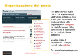 Organizzazione dei posts Per consentire ai nuovi utenti che atterranno sul vostro blog di leggere non solo il post più recente ma anche gli altri è utile organizzarli in  categorie Le piattaforme per i blog consentono di assegnare ad un post più di una categoria.  Un altro modo è visualizzare i post più recenti nella  sidebar Es.: www.businesslogs.com 