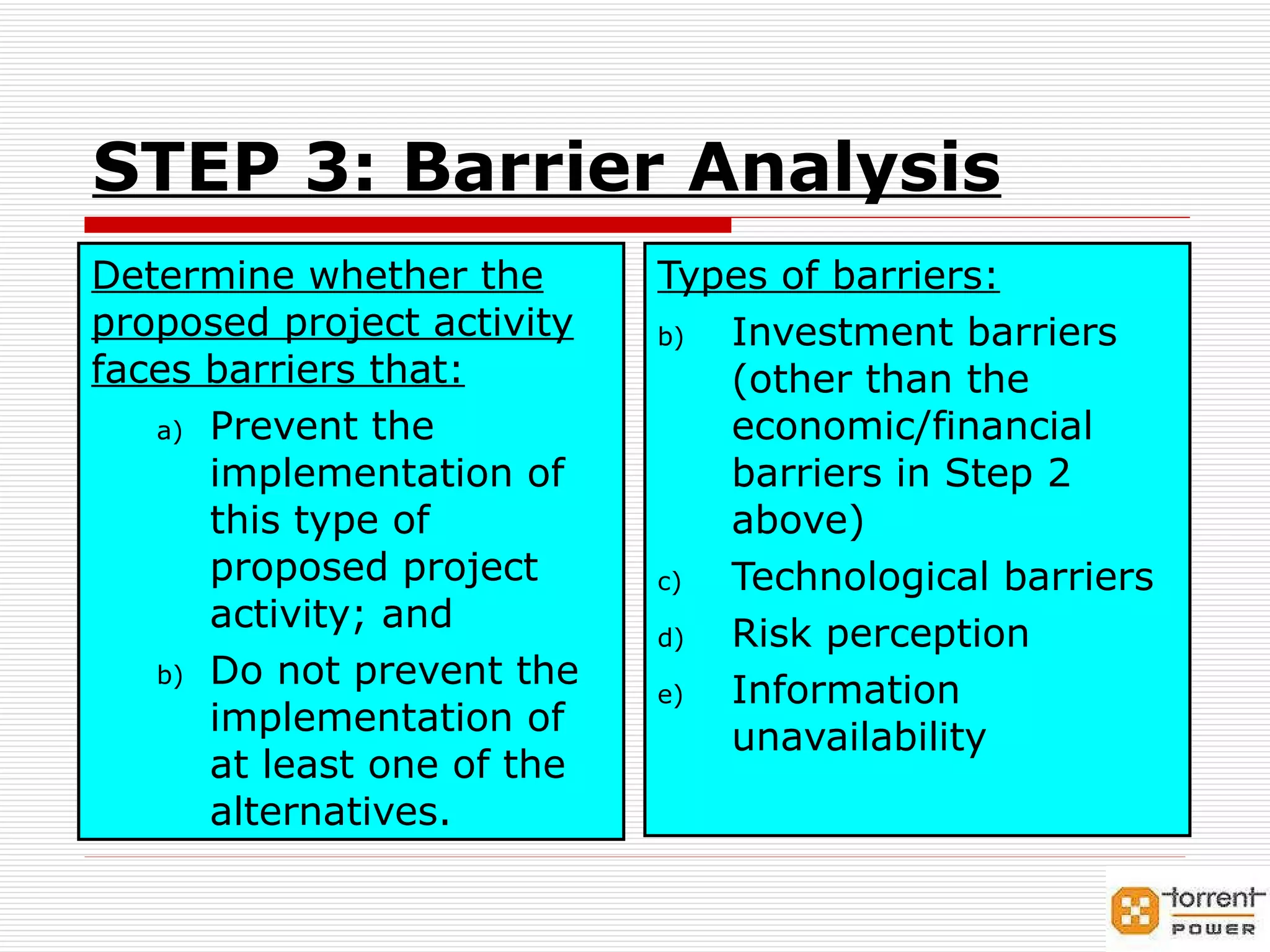 STEP 3: Barrier Analysis Determine whether the proposed project activity faces barriers that: Prevent the implementation of this type of proposed project activity; and Do not prevent the implementation of at least one of the alternatives. Types of barriers: Investment barriers (other than the economic/financial barriers in Step 2 above) Technological barriers Risk perception Information unavailability 