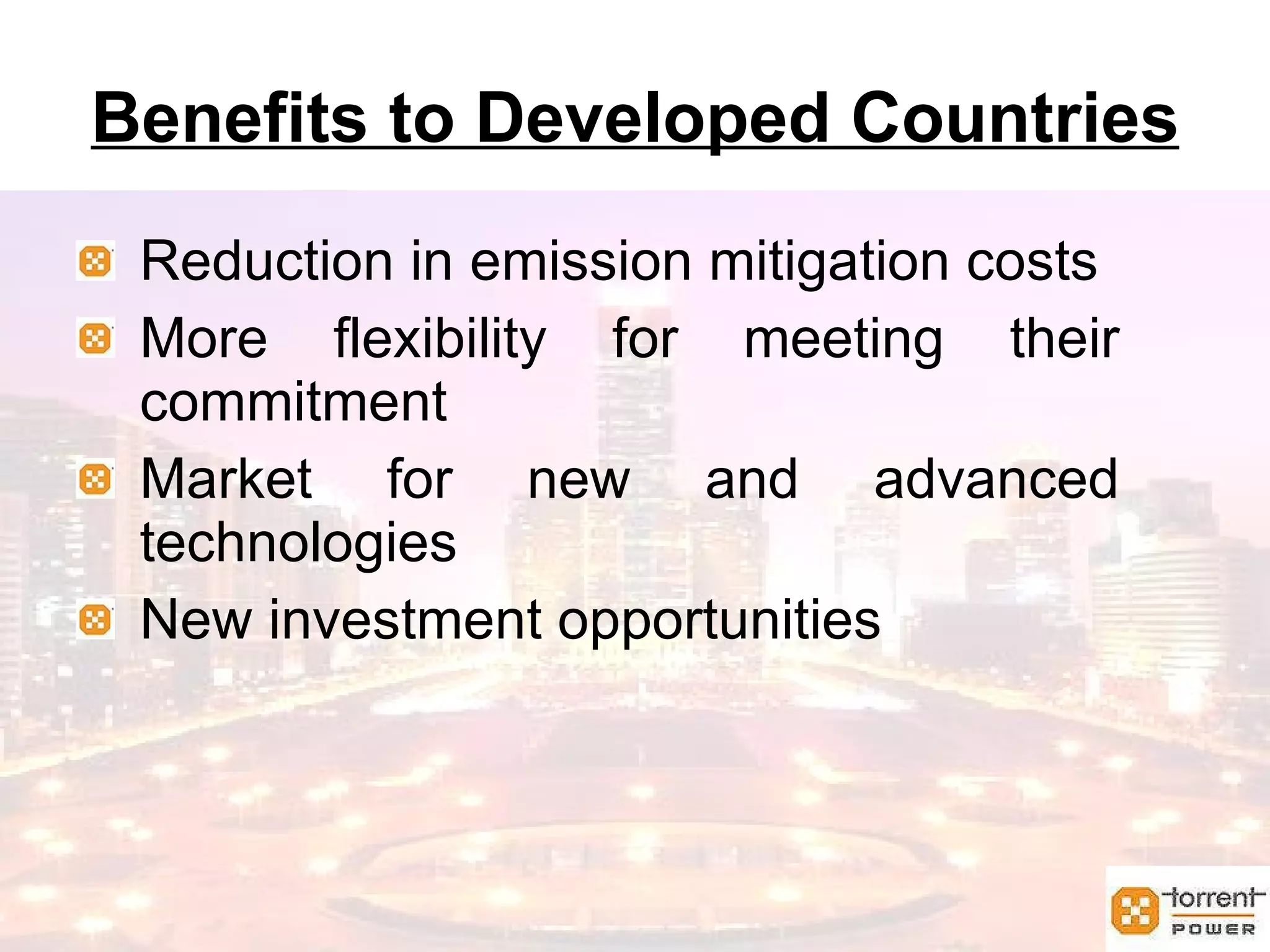 India’s Position No obligation to reduce emissions Per capita Carbon dioxide emission of India is amongst the lowest in the world. Country India USA U.K China World Per capita CO 2  emission (tonnes of CO 2  /annum) 1.2 20.6 9.8 3.8 4.5 