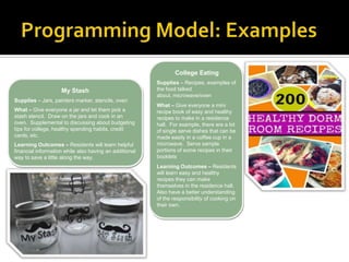 My Stash
Supplies – Jars, painters marker, stencils, oven
What – Give everyone a jar and let them pick a
stash stencil. Draw on the jars and cook in an
oven. Supplemental to discussing about budgeting
tips for college, healthy spending habits, credit
cards, etc.
Learning Outcomes – Residents will learn helpful
financial information while also having an additional
way to save a little along the way.
College Eating
Supplies – Recipes, examples of
the food talked
about, microwave/oven
What – Give everyone a mini
recipe book of easy and healthy
recipes to make in a residence
hall. For example, there are a lot
of single serve dishes that can be
made easily in a coffee cup in a
microwave. Serve sample
portions of some recipes in their
booklets
Learning Outcomes – Residents
will learn easy and healthy
recipes they can make
themselves in the residence hall.
Also have a better understanding
of the responsibility of cooking on
their own.
 