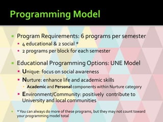  Program Requirements: 6 programs per semester
 4 educational & 2 social *
 2 programs per block for each semester
 Ed...