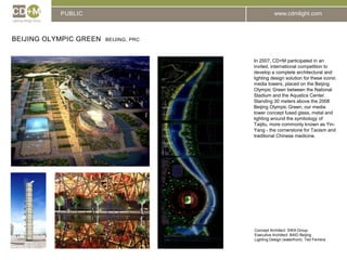 PUBLICBeijing Olympic Green  beijing, PRCIn 2007, CD+M participated in an invited, international competition to develop a complete architectural and lighting design solution for these iconic media towers, placed on the Beijing Olympic Green between the National Stadium and the Aquatics Center.  Standing 30 meters above the 2008 Beijing Olympic Green, our media tower concept fused glass, metal and lighting around the symbology of Taijitu, more commonly known as Yin-Yang - the cornerstone for Taoism and traditional Chinese medicine.Concept Architect: SWA GroupExecutive Architect: BAID BeijingLighting Design (waterfront): Ted Ferreira