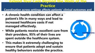 Extend Your Care Beyond the Walls of the
Practice
Coordination across settings affects patients' clinical outcomes and
satisfaction with their care
• A chronic health condition can affect a
patient’s life in many ways and lead to
increased healthcare costs if not
managed effectively.
• While patients receive excellent care from
their providers, 95% of their lives are
spent outside the healthcare system.
• This makes it extremely challenging to
ensure that patients adopt and sustain
healthy behaviors outside the practice.
HOSPITAL
HOME EXACERBATIONS
 