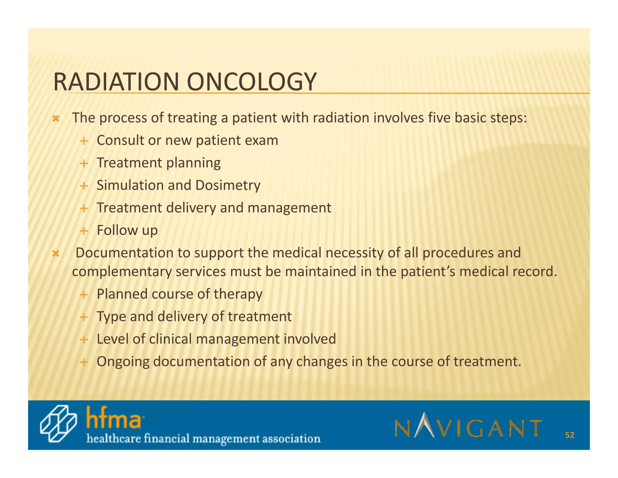RADIATION ONCOLOGY
 The process of treating a patient with radiation involves five basic steps:
     Consult or new patient exam
     Treatment planning
     Simulation and Dosimetry
     Treatment delivery and management
     Follow up
  Documentation to support the medical necessity of all procedures and
 complementary services must be maintained in the patient’s medical record.
     Planned course of therapy
     Type and delivery of treatment
     Level of clinical management involved
     Ongoing documentation of any changes in the course of treatment.



                                                                               52
 