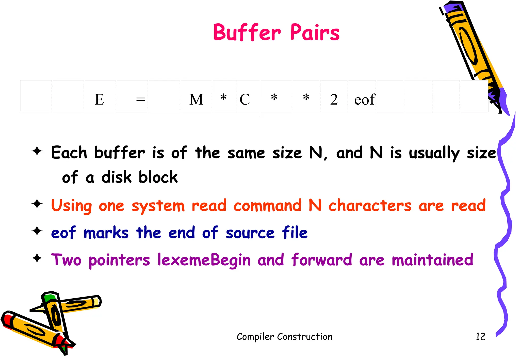 Compiler Construction 12
Buffer Pairs
E = M * C * * 2 eof
 Each buffer is of the same size N, and N is usually size
of a disk block
 Using one system read command N characters are read
 eof marks the end of source file
 Two pointers lexemeBegin and forward are maintained
 