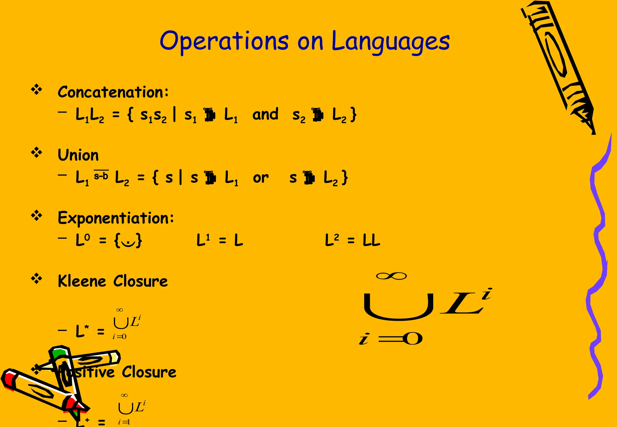 Operations on Languages
 Concatenation:
– L1L2 = { s1s2 | s1  L1 and s2  L2 }
 Union
– L1 L2 = { s | s  L1 or s  L2 }
 Exponentiation:
– L0
= {} L1
= L L2
= LL
 Kleene Closure
– L*
=
 Positive Closure
– +



0
i
i
L



0
i
i
L



1
i
i
L
 