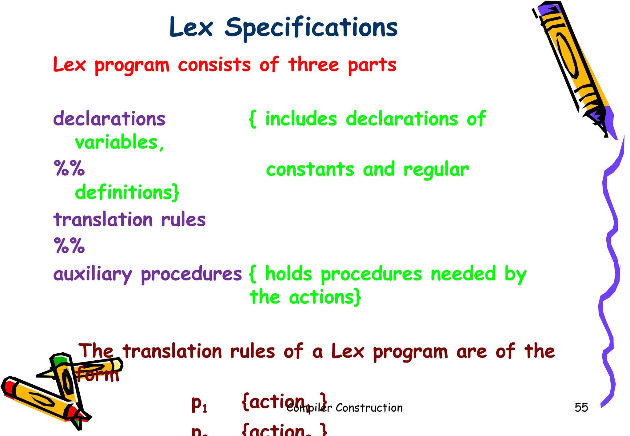 Lex Specifications
Lex program consists of three parts
declarations { includes declarations of
variables,
%% constants and regular
definitions}
translation rules
%%
auxiliary procedures { holds procedures needed by
the actions}
The translation rules of a Lex program are of the
form
p1 {action1 }
Compiler Construction 55
 