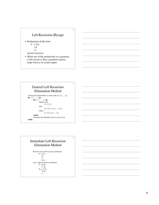 6
16
• Productions of the form
A → A α
| β
| γ
are left recursive
• When one of the productions in a grammar
is left recursive then a predictive parser
loops forever on certain inputs
Left Recursion (Recap)
17
General Left Recursion
Elimination Method
Arrange the nonterminals in some order A1, A2, …, An
for i = 1, …, n do
for j = 1, …, i-1 do
replace each
Ai → Aj γ
with
Ai → δ1 γ | δ2 γ | … | δk γ
where
Aj → δ1 | δ2 | … | δk
enddo
eliminate the immediate left recursion in Ai
enddo
18
Immediate Left-Recursion
Elimination Method
Rewrite every left-recursive production
A → A α
| β
| γ
| A δ
into a right-recursive production:
A → β AR
| γ AR
AR → α AR
| δ AR
| ε
 