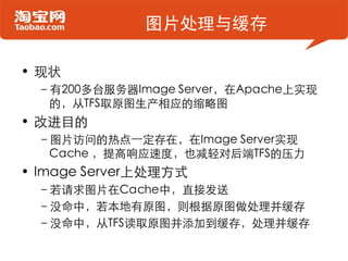 图片处理与缓存

• 现状
 –有200多台服务器Image Server，在Apache上实现
  的，从TFS取原图生产相应的缩略图
• 改进目的
 –图片访问的热点一定存在，在Image Server实现
  Cache ，提高响应速度，也减轻对后端TFS的压力
• Image Server上处理方式
 –若请求图片在Cache中，直接发送
 –没命中，若本地有原图，则根据原图做处理并缓存
 –没命中，从TFS读取原图并添加到缓存，处理并缓存
 
