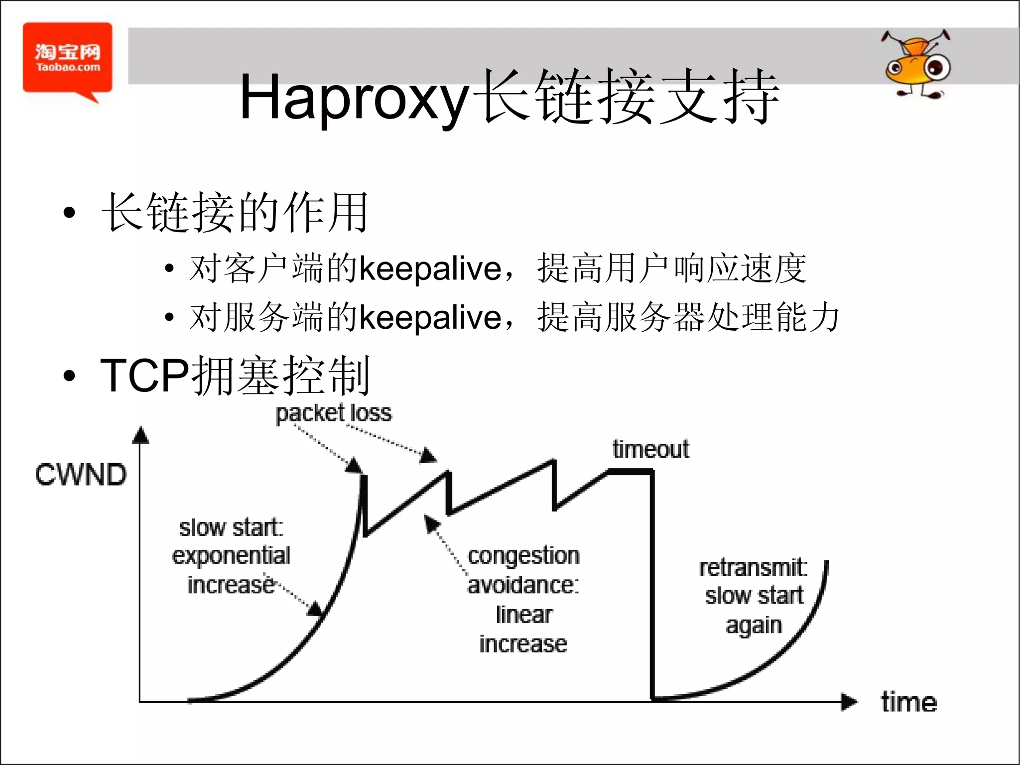 Haproxy长链接支持
• 长链接的作用
  • 对客户端的keepalive，提高用户响应速度
  • 对服务端的keepalive，提高服务器处理能力
• TCP拥塞控制
 