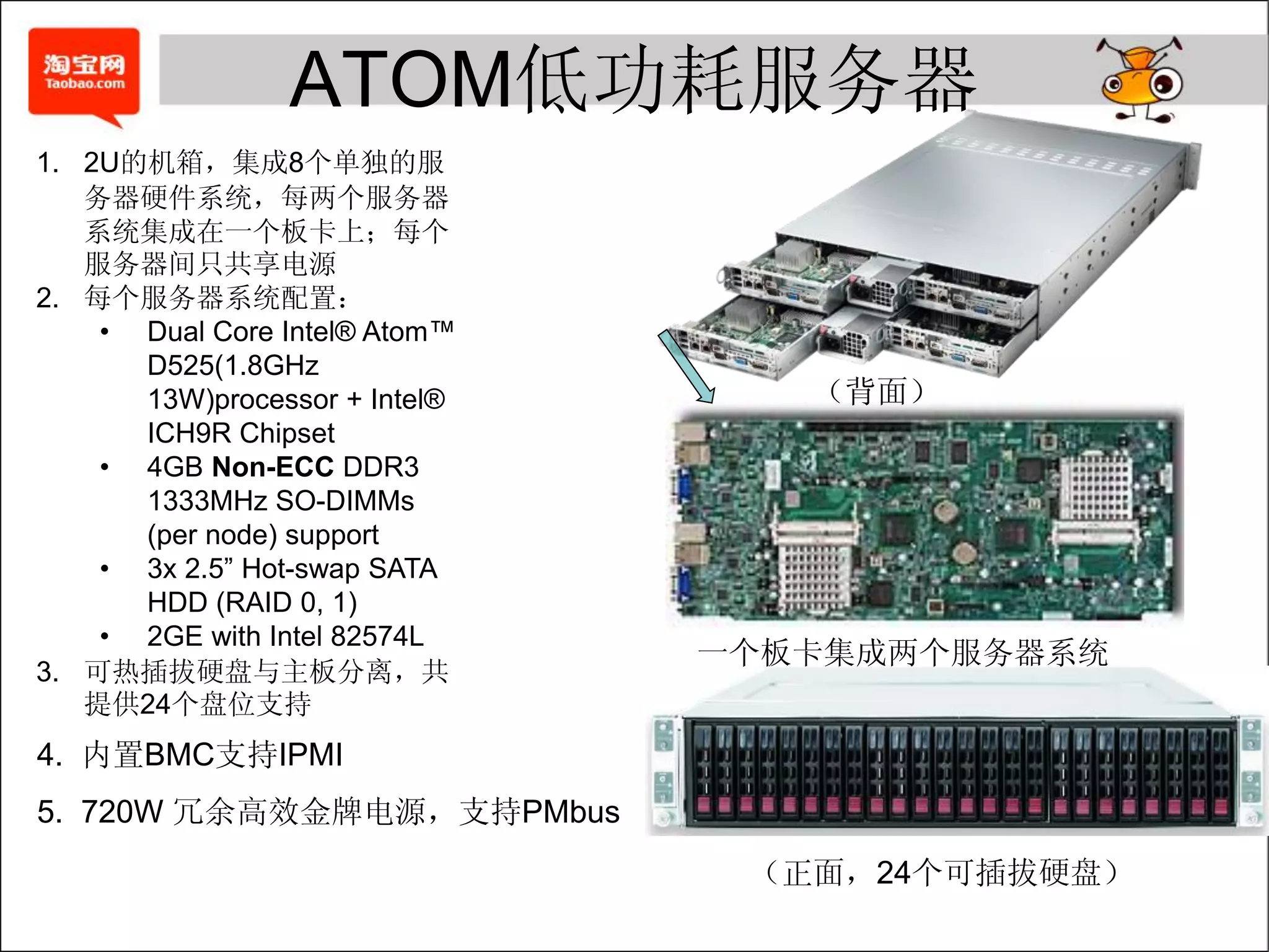 ATOM低功耗服务器
1. 2U的机箱，集成8个单独的服
   务器硬件系统，每两个服务器
   系统集成在一个板卡上；每个
   服务器间只共享电源
2. 每个服务器系统配置：
    • Dual Core Intel® Atom™
      D525(1.8GHz
      13W)processor + Intel®      （背面）
      ICH9R Chipset
    • 4GB Non-ECC DDR3
      1333MHz SO-DIMMs
      (per node) support
    • 3x 2.5” Hot-swap SATA
      HDD (RAID 0, 1)
    • 2GE with Intel 82574L
                               一个板卡集成两个服务器系统
3. 可热插拔硬盘与主板分离，共
   提供24个盘位支持
4. 内置BMC支持IPMI
5. 720W 冗余高效金牌电源，支持PMbus
                                （正面，24个可插拔硬盘）
 