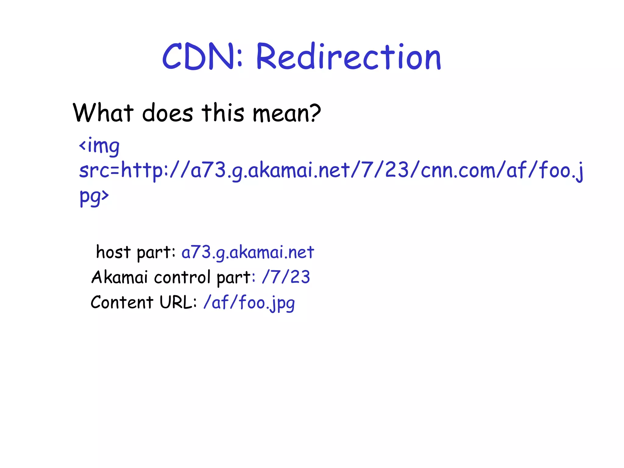 CDN: Redirection
What does this mean?
<img
src=http://a73.g.akamai.net/7/23/cnn.com/af/foo.j
pg>
host part: a73.g.akamai.net
Akamai control part: /7/23
Content URL: /af/foo.jpg
 
