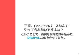 18
正直、Cookieのパースなんて
やってられないですよね？
ということで、面倒な設定を詰め込んだ
DRUPALCDNを作ってみた。
 