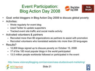 Event Participation: Blog Action Day 2008 <ul><li>Goal: enlist bloggers in Blog Action Day 2008 to discuss global poverty ...