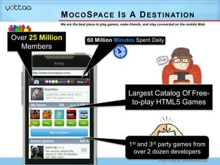 M O C O S PA C E I S A D E S T I N AT I O N
              We are the best place to play games, make friends, and stay connected on the mobile Web.



Over 25 Million               60 Million Minutes Spent Daily
  Members




                                                       Largest Catalog Of Free-
                                                        to-play HTML5 Games




                                                       1st and 3rd party games from
                                                         over 2 dozen developers
                                                                                                               2
                                                                         © 2012 Yottaa Inc. All Rights Reserved.
 