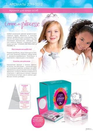 1. АРОМАТЫ 2011-2012
   Аромат для юных особ




Любой маленькой девочке нравится кра-
соваться перед зеркалом в маминых
туфлях, пробуя ее духи и косметику. Раз-
делите эти радостные моменты с вашей
маленькой принцессой, наблюдая как
она наносит аромат, созданный специ-
ально для нее – COMME UNE PRINCESSE от
FREDERIC M.

      Настоящее волшебство!

Открыв коробочку, ваша принцесса най-
дет в ней приятный сюрприз: набор теней
с розовато-серебряными блестками в
комплекте с зеркальцем и кисточкой!

        Comme une princesse

Изысканный аромат с нотами ванили,
«Comme une princesse» – туалетная вода
для маленьких девочек, которые так любят
наряжаться и душиться «как мама» перед
зеркалом. Сладость яблока в карамели в
сочетании с цветочными нотами сердца
постепенно уступают место мягким дре-
весным нотам шлейфа.




                   ГОЛОВНЫЕ
                       НОТЫ
                      Ваниль
                      Яблоко
                   в карамели
                 НОТЫ СЕРДЦА
                 Белый жасмин
                   Гибискус
                    Орхидея
                     Ваниль
                 НОТЫ ШЛЕЙФА
                 Стручки ванили
                      Кедр
                 Легкий аромат
                    мускуса




                                   В КОМПЛЕКТ
                                  ВХОДИТ НАБОР
                                  ДЛЯ МАКИЯЖА          CUP00
                                    Очаровательные
                                      тени для век
                                    пастельных тонов


                                                               FREDERIC M
                                                               7
 
