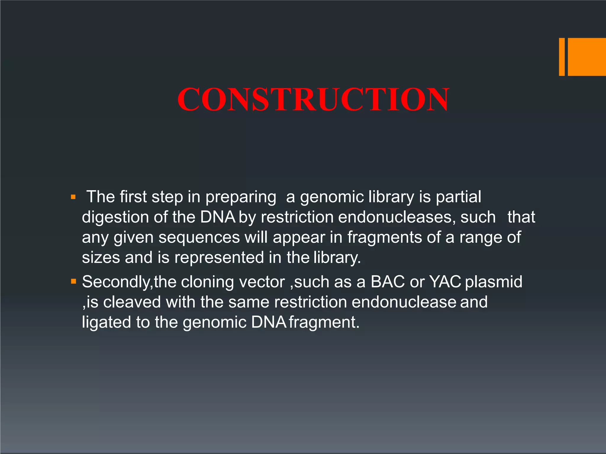 CONSTRUCTION
 The first step in preparing a genomic library is partial
digestion of the DNA by restriction endonucleases, such that
any given sequences will appear in fragments of a range of
sizes and is represented in the library.
 Secondly,the cloning vector ,such as a BAC or YAC plasmid
,is cleaved with the same restriction endonuclease and
ligated to the genomic DNAfragment.
 