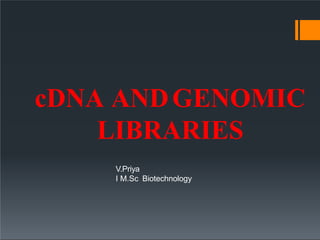 cDNA ANDGENOMIC
LIBRARIES
V.Priya
I M.Sc Biotechnology
 