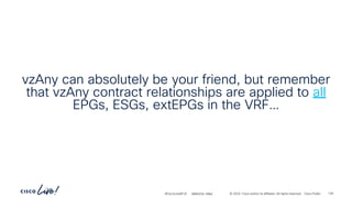 -
#CiscoLiveAPJC © 2024 Cisco and/or its affiliates. All rights reserved. Cisco Public
vzAny can absolutely be your friend, but remember
that vzAny contract relationships are applied to all
EPGs, ESGs, extEPGs in the VRF…
BRKDCN-2984 126
 