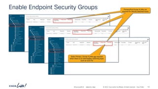 -
#CiscoLiveAPJC © 2024 Cisco and/or its affiliates. All rights reserved. Cisco Public
Enable Endpoint Security Groups
Static Primary / Encap VLANs are required
when there is an intermediary switching layer
such as UCS FIs
Primary/Port Encap VLANs not
required for directly attached hosts
BRKDCN-2984 133
 