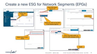 -
#CiscoLiveAPJC © 2024 Cisco and/or its affiliates. All rights reserved. Cisco Public
Create a new ESG for Network Segments (EPGs)
Allow Intra ESG traffic i.e.
permit traffic between EPGs
Add EPGs
Enter ESG name
“group-01”
Create new
ESG
Finish
Select one or more
EPGs
Select the VRF for the ESG
to be applied against
BRKDCN-2984 140
 