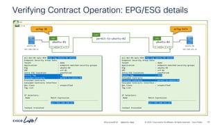 -
#CiscoLiveAPJC © 2024 Cisco and/or its affiliates. All rights reserved. Cisco Public
Verifying Contract Operation: EPG/ESG details
demo
vrf-01
ubuntu-02
P
C I
CCI
ESG
ubuntu-01
P
C I
CCI
ESG permit-to-ubuntu-02
Cont
ubuntu-01
192.168.150.21
ubuntu-02
192.168.151.21
pcTag: 38 pcTag: 5474
aci-dev-01-apic-01# show esg ubuntu-01 detail
Endpoint Security Group Data:
Tenant : demo
Application : endpoint-matched-security-groups
ESg : ubuntu-01
VRF : vrf-01
Intra ESG Isolation : unenforced
Policy Tag : 38
Consumed Contracts : permit-to-ubuntu-02
Provided Contracts :
Consumed Contracts Interface :
Qos Class : unspecified
Tag List :
IP Selectors:
Name Match Expression
-------------------- -----------------------------------------
ip=='192.168.150.21’
!output truncated
aci-dev-01-apic-01# show esg ubuntu-02 detail
Endpoint Security Group Data:
Tenant : demo
Application : endpoint-matched-security-groups
ESg : ubuntu-02
VRF : vrf-01
Intra ESG Isolation : unenforced
Policy Tag : 5474
Consumed Contracts :
Provided Contracts : permit-to-ubuntu-02
Consumed Contracts Interface :
Qos Class : unspecified
Tag List :
IP Selectors:
Name Match Expression
-------------------- -----------------------------------------
ip=='192.168.151.21’
!output truncated
BRKDCN-2984 161
 