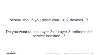 -
#CiscoLiveAPJC © 2024 Cisco and/or its affiliates. All rights reserved. Cisco Public 259
BRKDCN-2984
Where should you place your L4-7 devices…?
Do you want to use Layer 2 or Layer 3 redirects for
service insertion…?
 