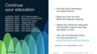 -
© 2024 Cisco and/or its affiliates. All rights reserved. Cisco Public
Continue
your education • Visit the Cisco Showcase
for related demos
• Book your one-on-one
Meet the Engineer meeting
• Attend the interactive education
with DevNet, Capture the Flag,
and Walk-in Labs
• Visit the On-Demand Library
for more sessions at
www.CiscoLive.com/on-demand
Contact me at: ssharman@cisco.com
LABDCN-2287 – ACI Segmentation…
BRKDCN-2634 – Deploying EVPN G/W…
BRKDCN-2673 – Nexus-as-Code…
BRKDCN-2910 – Upgrading ACI…
BRKDCN-2949 – ACI Multi-Pod…
BRKDCN-2980 – ACI Multi-Site…
BRKDCN-3900 – ACI Forwarding…
BRKDCN-3982 – ACI PBR Deep Dive…
BRKDCN-2984 313
 