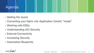 -
Agenda
#CiscoLiveAPJC © 2024 Cisco and/or its affiliates. All rights reserved. Cisco Public
• Setting the scene
• Converting your fabric into Application Centric “mode”
• Working with ESGs
• Understanding ACI Security
• External Connectivity
• Increasing Security
• Automation Blueprints
BRKDCN-2984 8
 