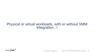 -
#CiscoLiveAPJC © 2024 Cisco and/or its affiliates. All rights reserved. Cisco Public
Physical or virtual workloads, with or without VMM
Integration…!
BRKDCN-2984 62
 