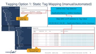 -
#CiscoLiveAPJC © 2024 Cisco and/or its affiliates. All rights reserved. Cisco Public
Tagging Option 1: Static Tag Mapping (manual/automated)
ACI Application
Workload Tags
Match Endpoints to
Workload Tags
Define ESG Tag Selector
ApplicationName = online-boutique
Map MAC or IP address to Tag Value
00:50:56:A1:0A:90 = ApplicationName online-boutique
BRKDCN-2984 66
 