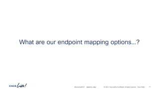 -
#CiscoLiveAPJC © 2024 Cisco and/or its affiliates. All rights reserved. Cisco Public
What are our endpoint mapping options…?
BRKDCN-2984 77
 