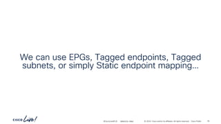 -
#CiscoLiveAPJC © 2024 Cisco and/or its affiliates. All rights reserved. Cisco Public
We can use EPGs, Tagged endpoints, Tagged
subnets, or simply Static endpoint mapping…
BRKDCN-2984 78
 