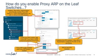 -
#CiscoLiveAPJC © 2024 Cisco and/or its affiliates. All rights reserved. Cisco Public
Enabling “Allow Micro-Segmentation”
automatically enables Proxy ARP.
Option in a 100% virtual deployment, use
with or without Intra EPG isolation
Enabling Intra EPG isolation / Allow Micro-
Segmentation configures PVLANs on the
port group
Add an Intra EPG
Contract
Proxy ARP is only available
when Intra ESG isolation is
enabled
Enable Intra EPG isolation with
Proxy ARP if you have a mixed
virtual and physical environment
How do you enable Proxy ARP on the Leaf
Switches…?
BRKDCN-2984 93
 