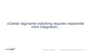 -
#CiscoLiveAPJC © 2024 Cisco and/or its affiliates. All rights reserved. Cisco Public
vCenter tag/name matching requires read/write
vmm integration…
BRKDCN-2984 95
 