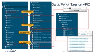 -
#CiscoLiveAPJC © 2024 Cisco and/or its affiliates. All rights reserved. Cisco Public
Static Policy Tags on APIC
Static Endpoints
IP address ranges
MAC addresses
IP addresses
BRKDCN-2984 99
 