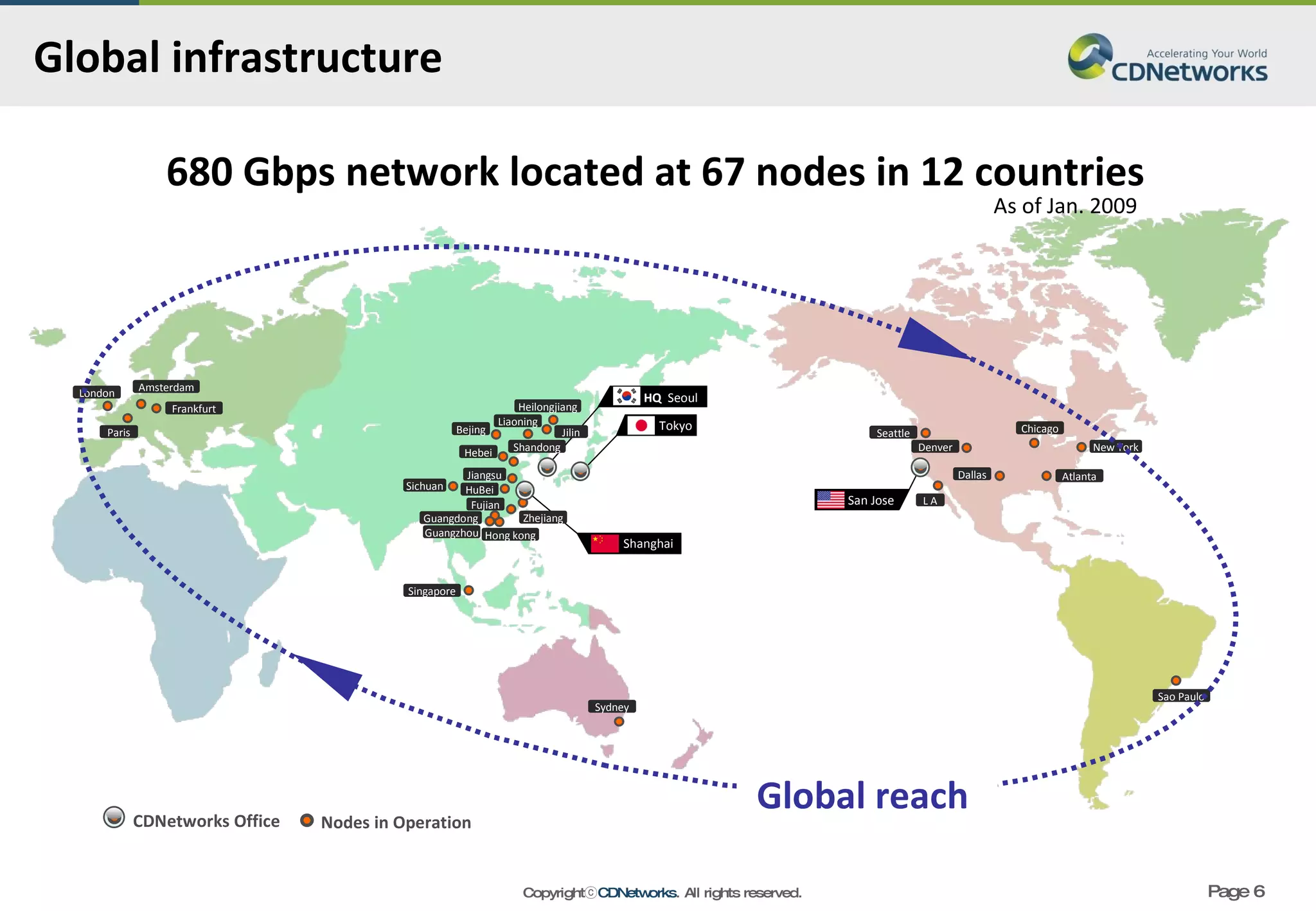CDNetworks Office Nodes in Operation San Jose London Amsterdam Frankfurt Paris Bejing Singapore Sydney Hong kong Hebei Sichuan Guangdong Fujian Zhejiang Jiangsu Liaoning Heilongjiang Sao Paulo L A Dallas Atlanta Denver Seattle New York Chicago Shandong HuBei Guangzhou Jilin As of Jan. 2009 680 Gbps network located at 67 nodes in 12 countries Global infrastructure Global reach  HQ  Seoul Tokyo Shanghai 